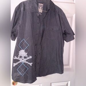 Men's Short-Sleeve Gray Pinstripe Button-Up Shirt with Skull Print